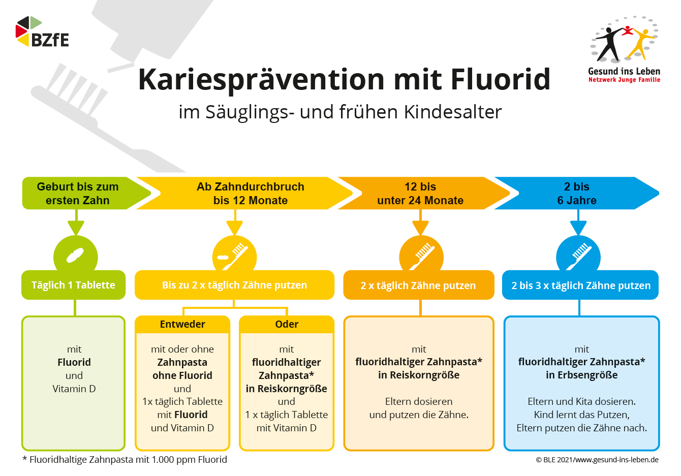 Grafik zur Kariesprävention mit Fluorid / ©BLE 2021 / www.gesund-ins-leben.de