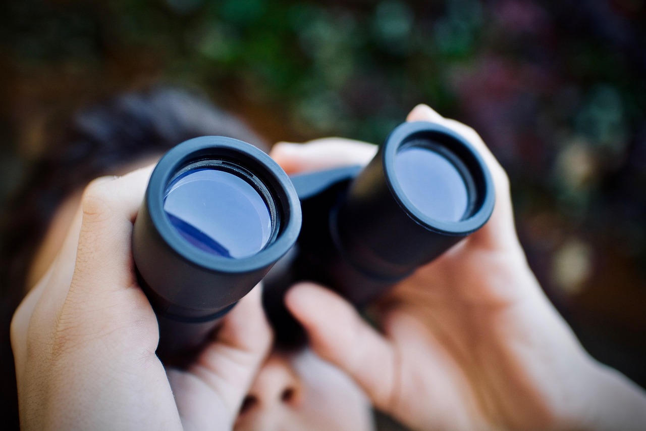 Ein junger Mensch schaut durch ein Fernglas.
