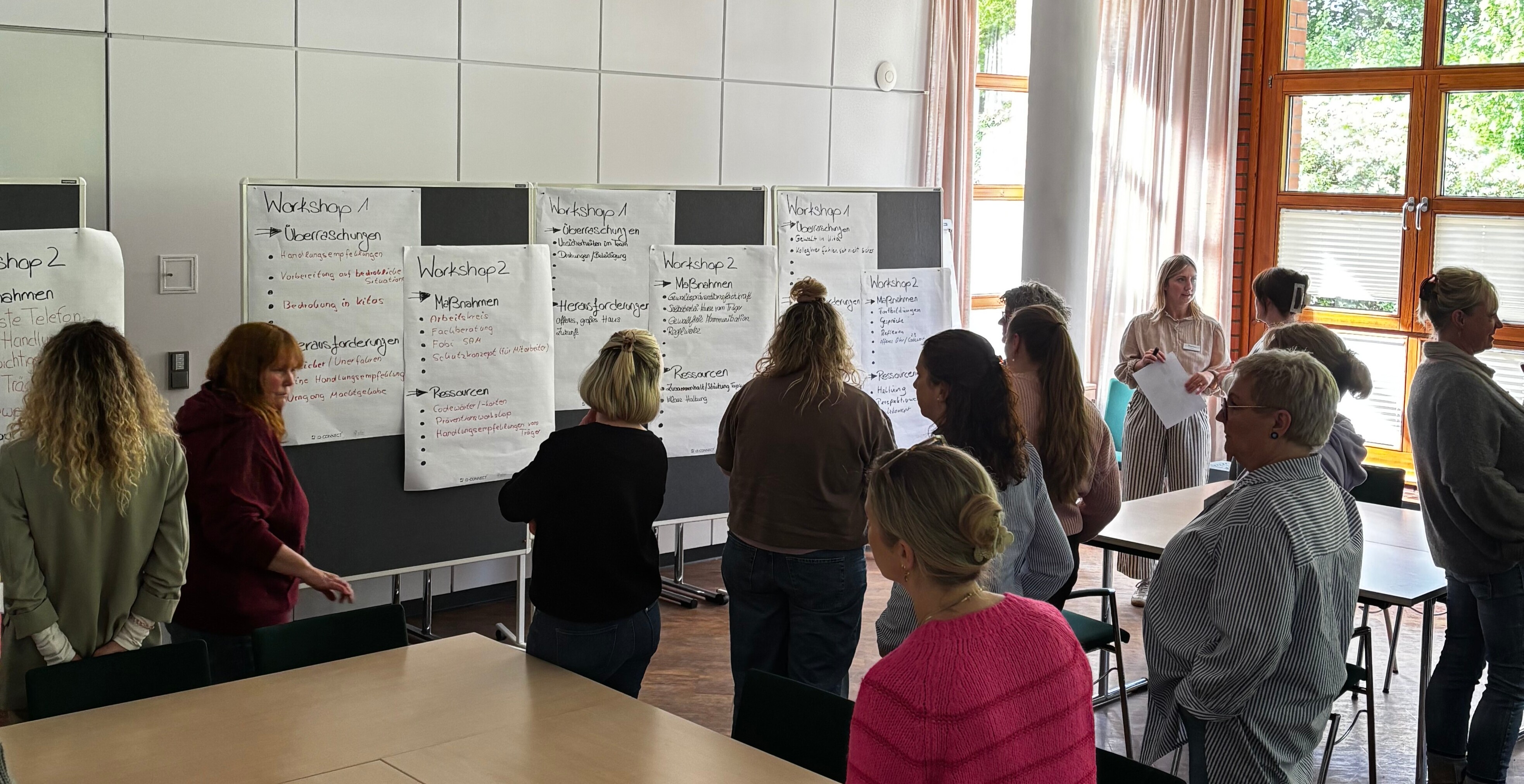 Kita-Leitungen stehen vor Flipcharts mit den Informationen aus den verschiedenen Workshops. Kita-Leitungen stehen vor Flipcharts mit den Informationen aus den verschiedenen Workshops.