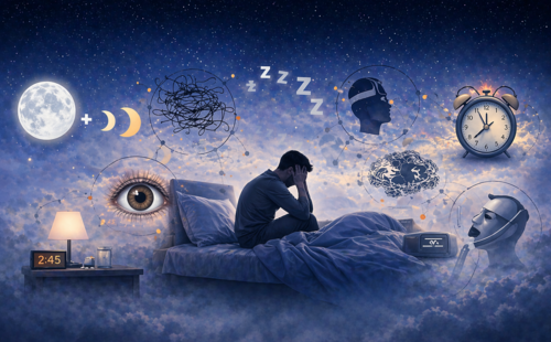Eine Person sitz auf dem Bett und neben ihr sind ein Wecker, offene Augen, Vollmond und schemenhafte Gesichter zu sehen. 