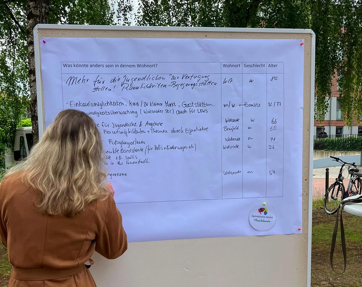 Eine Frau schreibt etwas auf ein großes Stück Papier auf einer Metaplanwand Eine Frau schreibt etwas auf ein großes Stück Papier auf einer Metaplanwand