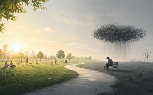 Eine Person sitzt auf einer Bank und senkt den Kopf und über ihr ist eine schwarze Regenwolke und Dunkelheit um die Person. Auf der anderen Seite des Bildes ist eine grüne Wiese mit mit Menschen im Sonnenschein zu sehen. 