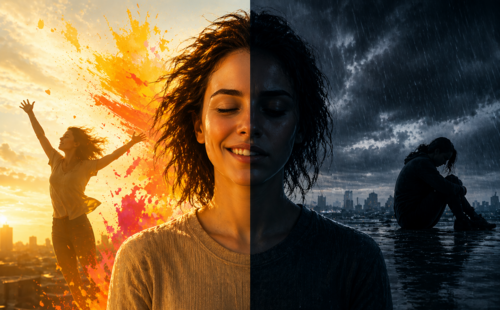 Eine Person ist auf einer Seite gut gelaunt und es sind die Worte Hoichgefühl, Energie, Kreativität und Selbstvertrauen zu lesen. Auf der anderen Seite ist die Person nicht gut gelaunt und es sind die Worte gedrückte Stimmung, Erschöpfung, Hoffnungslosigkeit und Rückzug zu lesen. 