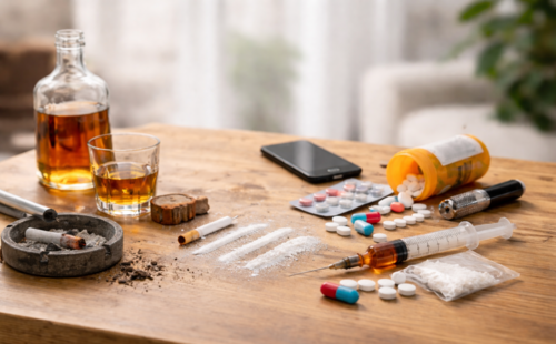 EAuf einem Tisch befinden sich ein Glas mit Alkohol, ein Handy, Tabletten und ein weißes Pulver, Zigaretten, eine Spritze und ein Aschenbecher.