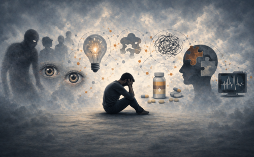 Eine Person sitzt auf dem Boden und hält sich die Hände vors Gesicht. Im Hintergrund ist schemenhaft eine Person zu sehen sowie Augen, eine Glühbirne, ein Bildschirm, Medikamente und Puzzleteile in einem Kopf.