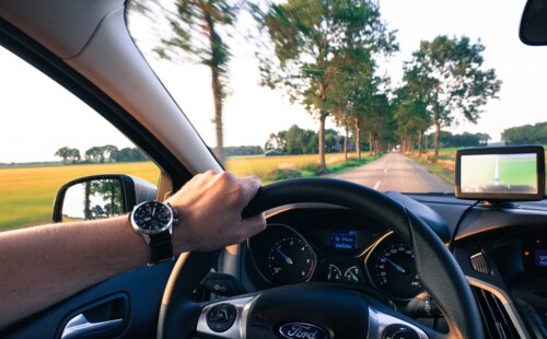 Eine Hand hält ein Lenkrad fest. Ein Auto fährt eine Allee lang. 